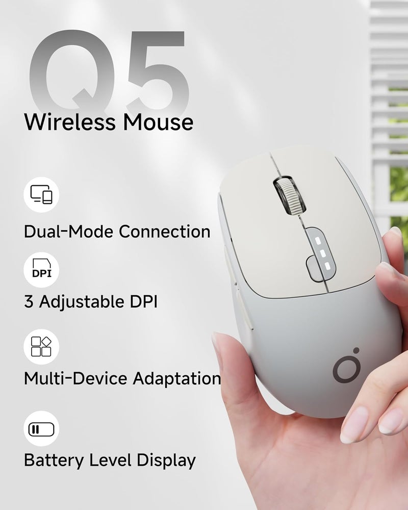SEUNKWANG EWEADN Q5 Wireless Mouse, Bluetooth & 2.4G Quiet Computer Mouses with 1600 DPI, Battery Level Display, Ergonomic Office Mouse,6 Button Portable Cute Cordless Mice for Laptop/PC/Mac- Grey - Image 3